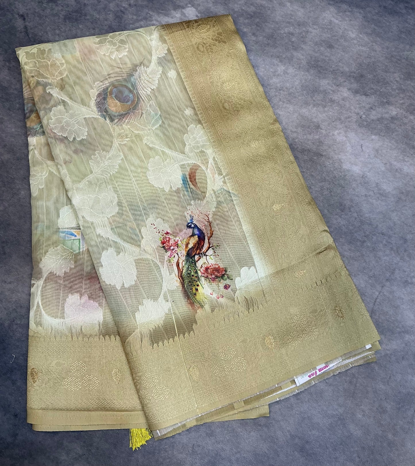 Digital Print Cotton Saree Olive Green Colour with Floral and Birds Pattern