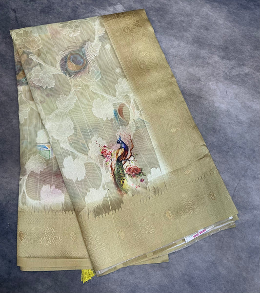 Digital Print Cotton Saree Olive Green Colour with Floral and Birds Pattern