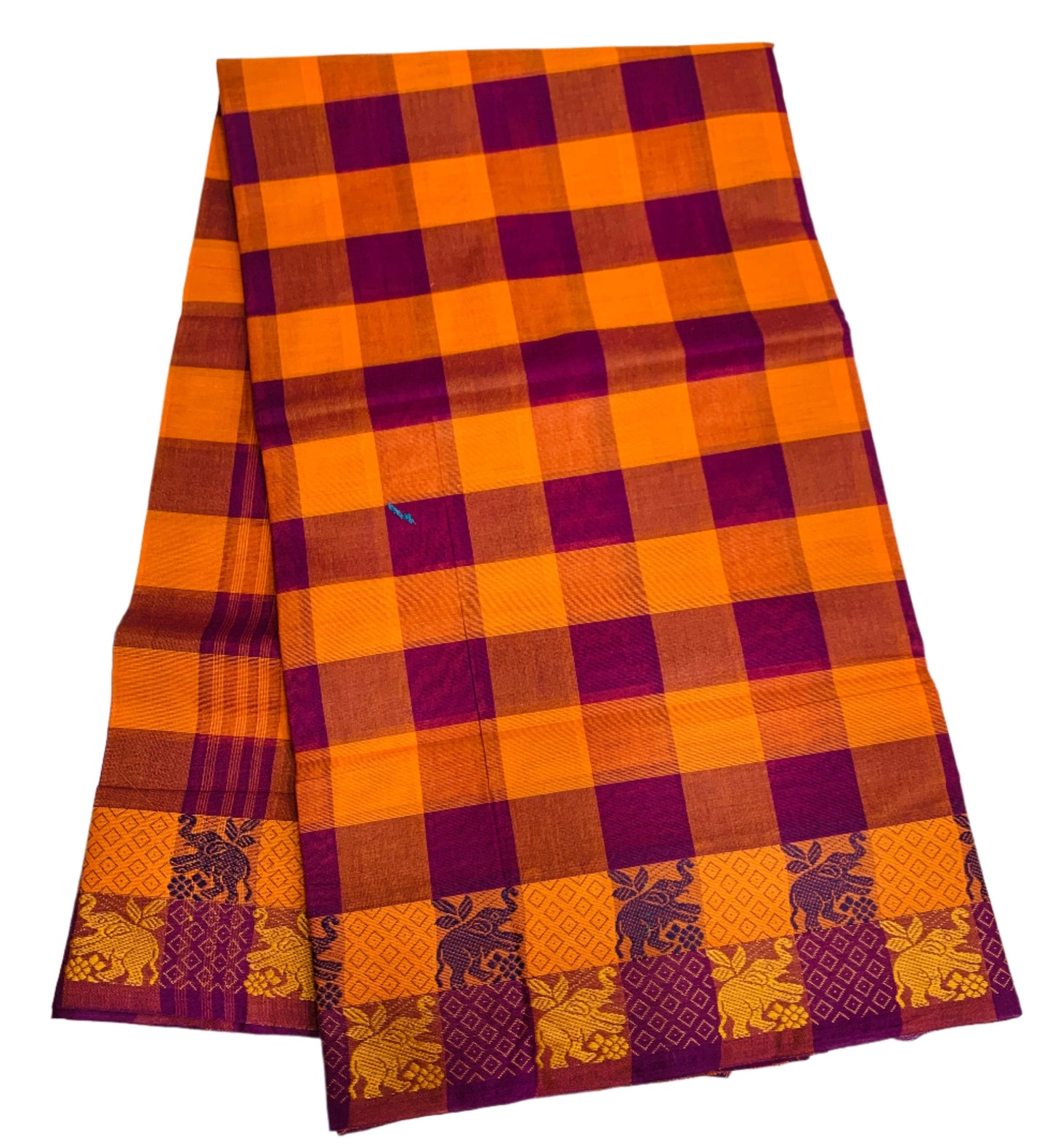 Chettinad Cotton Saree Orange and Magenta with Checked Design