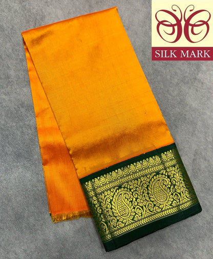 Mango Yellow Shade Pure Kanchipuram Kids Pattu Pavadai with Contrast Border for Newborn to 2 Years