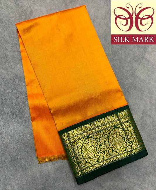 Mango Yellow Shade Pure Kanchipuram Kids Pattu Pavadai with Contrast Border for Newborn to 2 Years