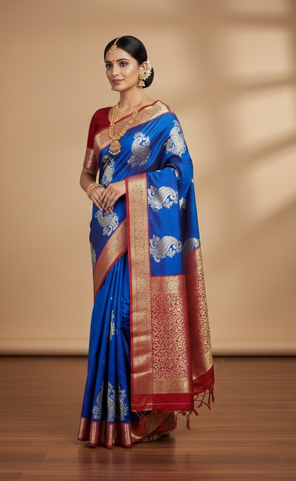 Soft Silk Saree Blue Colour with Copper border
