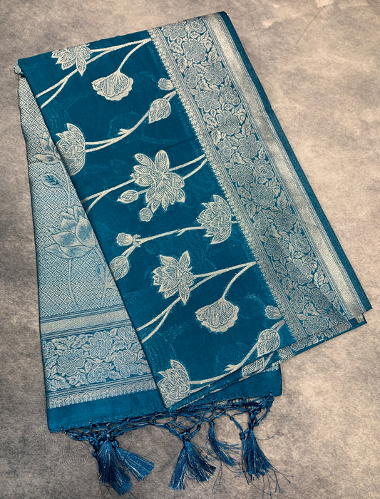 Soft Silk Casual Saree Rama Blue Colour with Sliver Colour Border