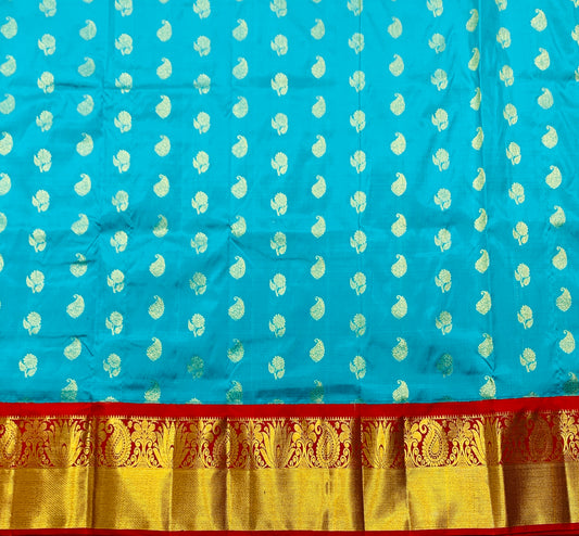 Sky Blue Colour Pure Kanchipuram Kids Pattu Pavadai with Contrast border for age 2 to 5