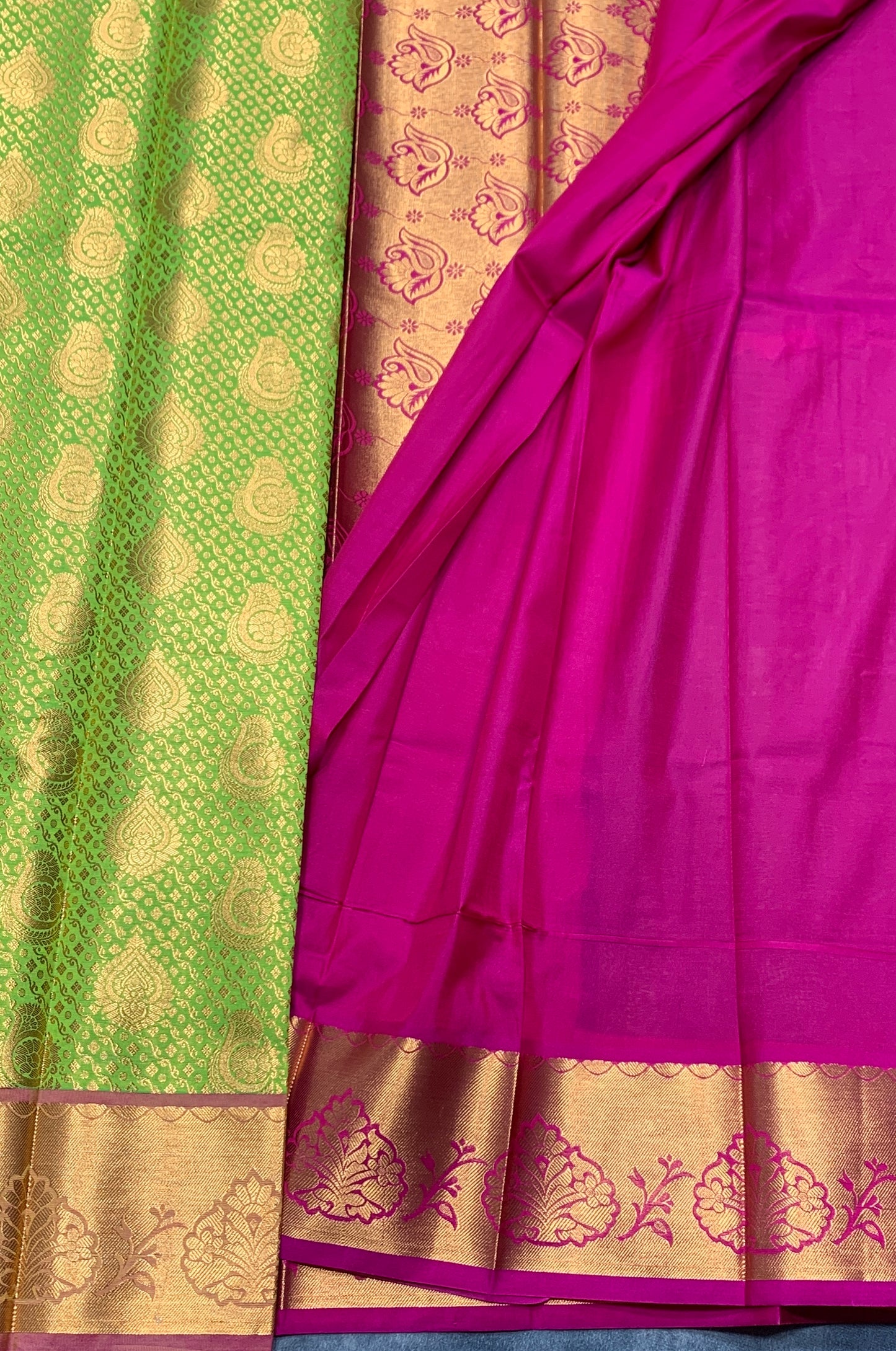 Vegan Silk Saree Apple Green Colour with Pink and Copper Border