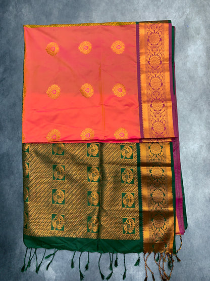 Soft Vegan Silk Saree Salmon Colour with Green and Copper Border