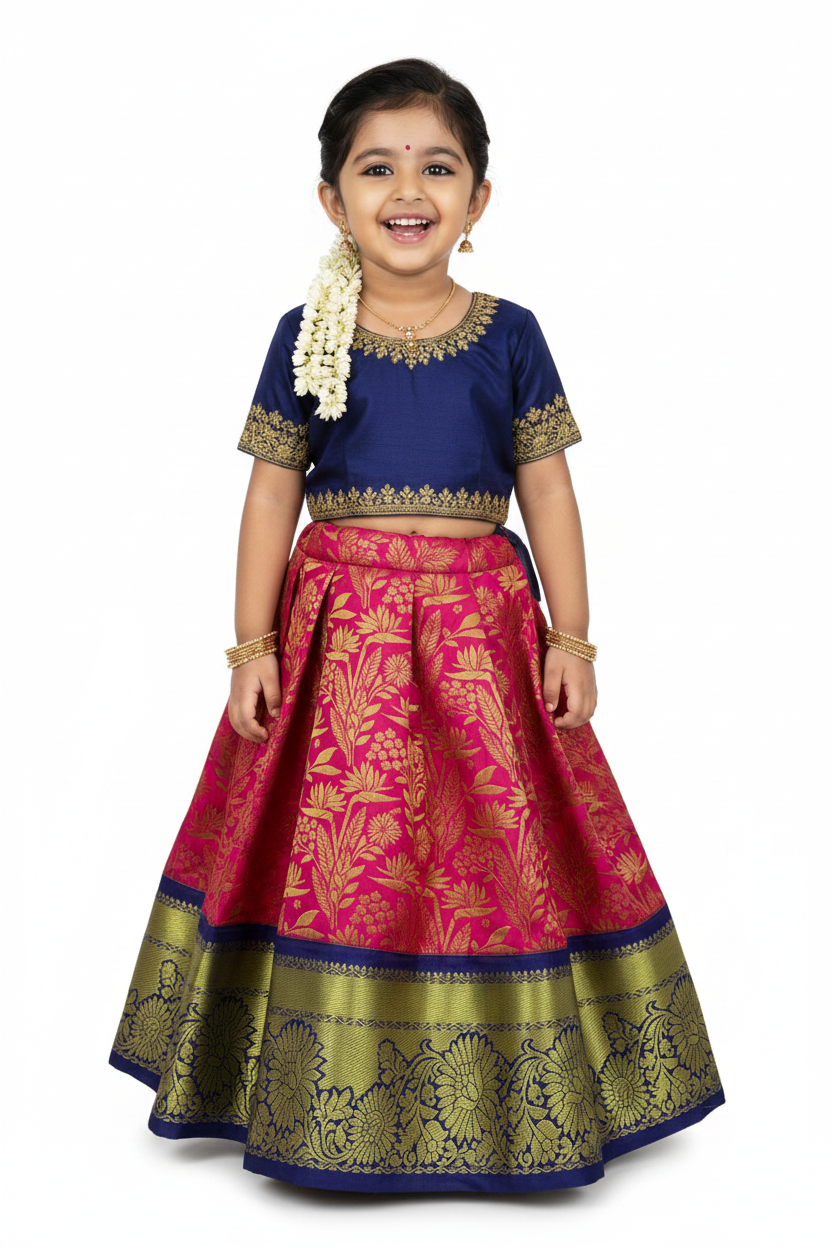 Pink Shade Vegan Silk Kids Pattu Pavadai with Contrast border for age 2 to 5