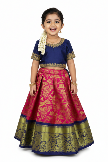 Pink Shade Vegan Silk Kids Pattu Pavadai with Contrast border for age 2 to 5