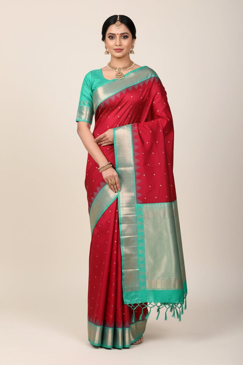Pure Kanchipuram Silk Red Colour with Sapphire and Golden Zari Border