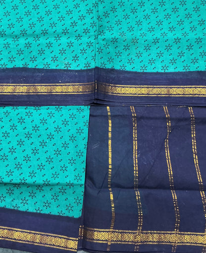 Chettinad Sungudi Cotton Rama Green Colour with Navy Blue Colour Border