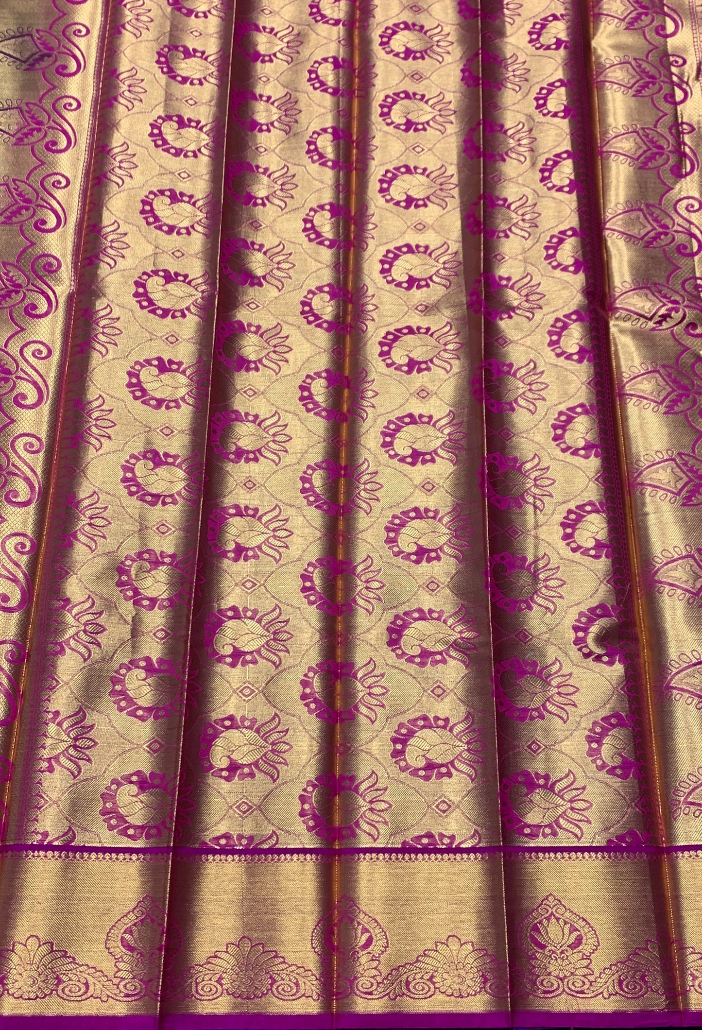 Vegan Silk Saree Violet Colour with Pink and Copper Border