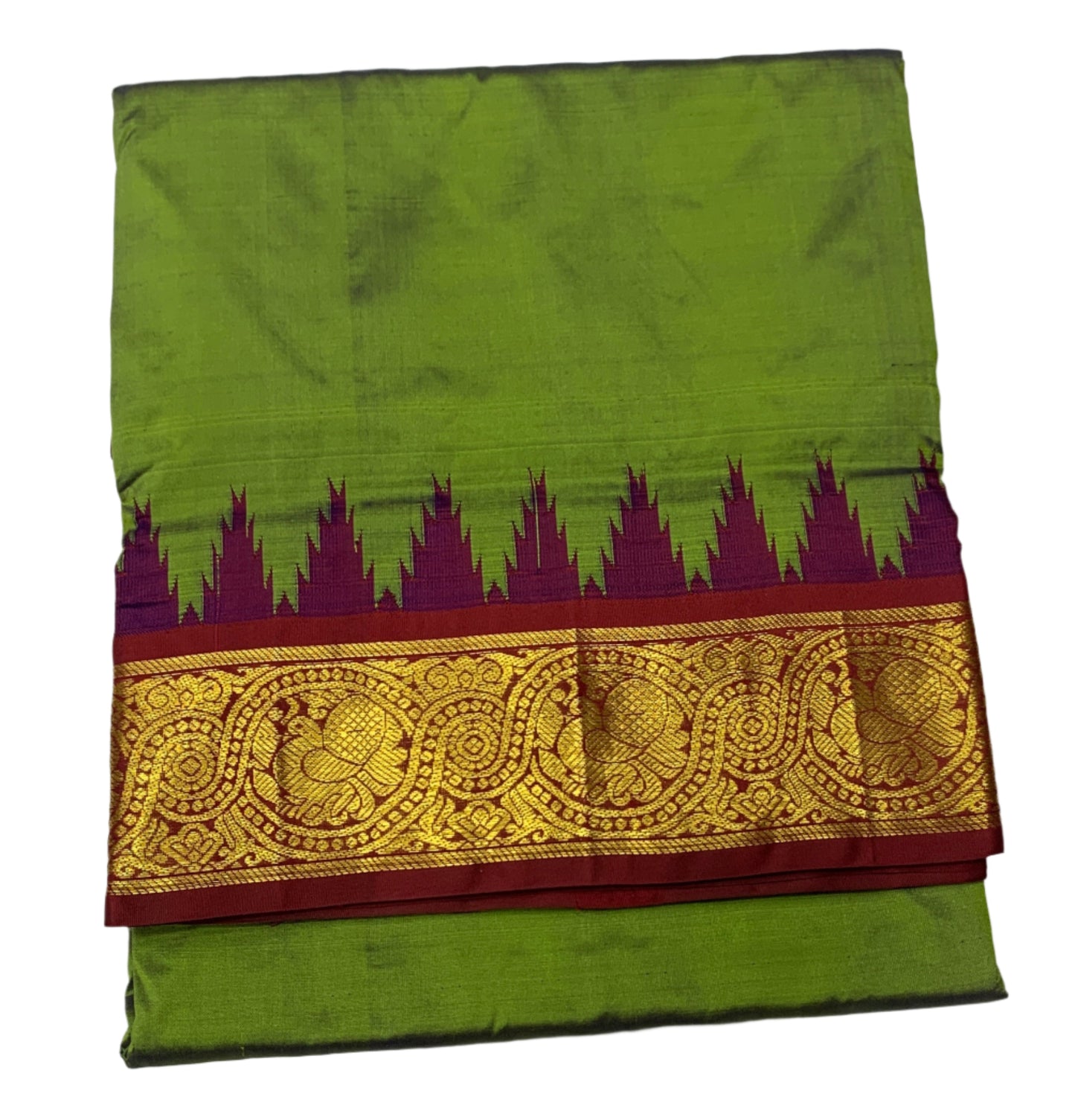 9 yards Pure Kanchipuram Silk Saree Olive Green Colour with Maroon and Gopuram Design Border