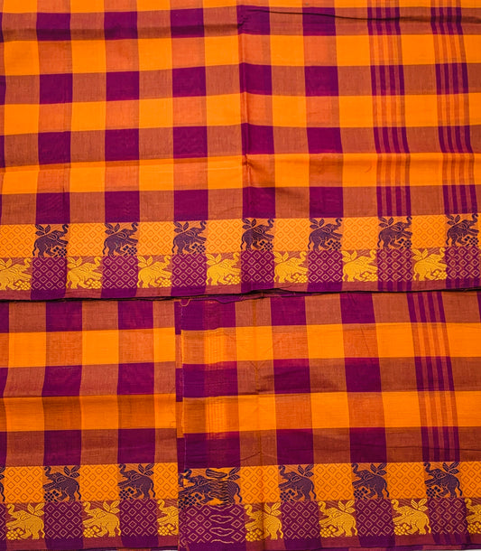 Chettinad Cotton Saree Orange and Magenta with Checked Design