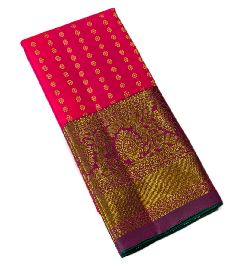 Rani Pink shade Pure Kanchipuram Kids Pattu Pavadai with Golden border for newborn to 2 Years