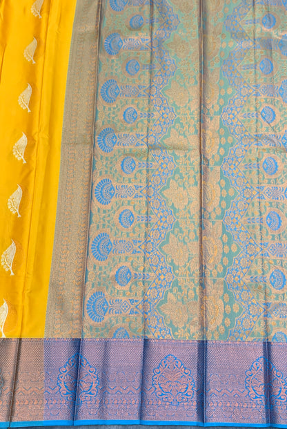 Soft Silk Casual Saree Yellow Colour with Sky Blue Colour Border