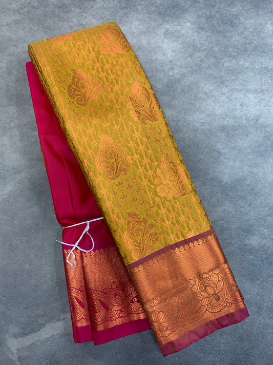 Vegan Silk Saree Lime Green Colour with Pink and Copper Border