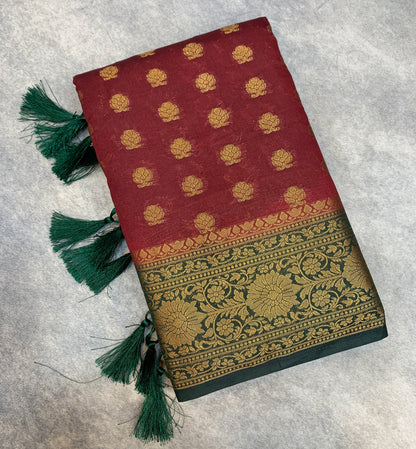 Crepe Saree Maroon Colour with Green Border