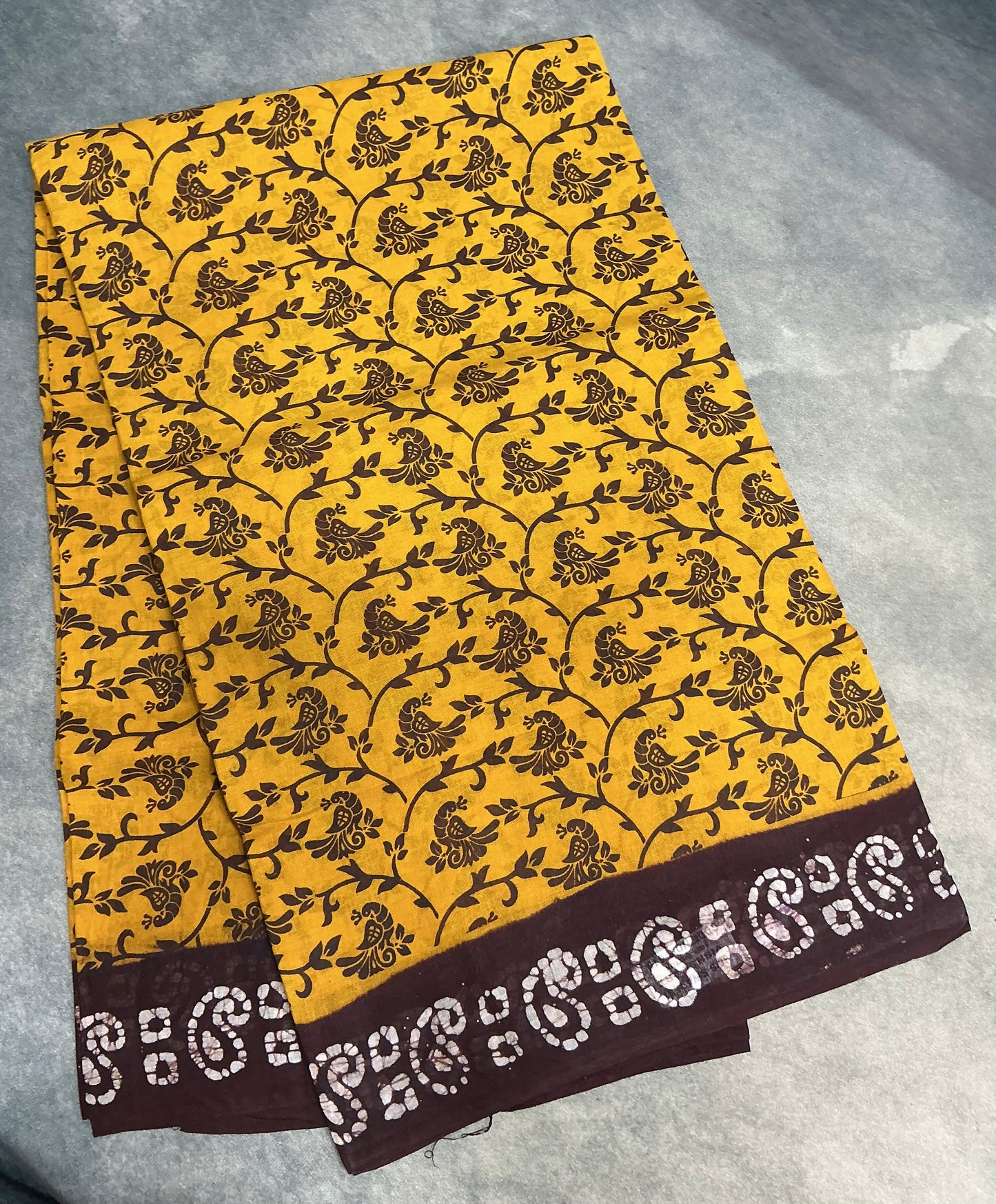 Chettinad Sungudi Cotton Mustard Colour with Brown Colour Border