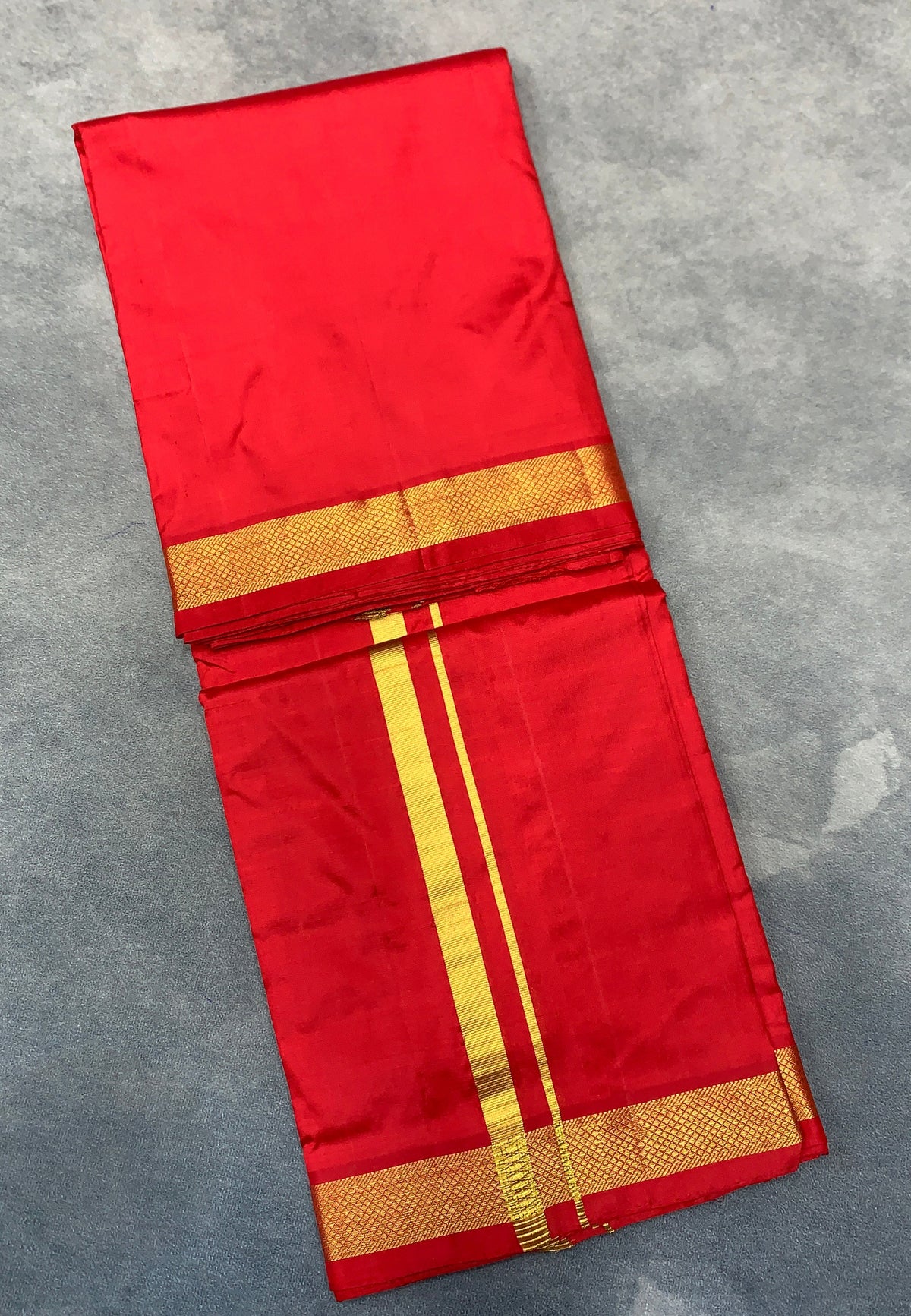 9X5 Pure Silk Dhoti Red Colour with Small Golden Zari Border
