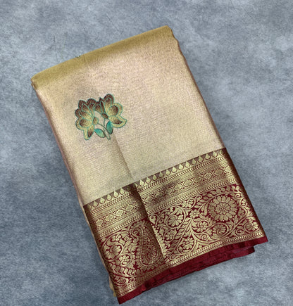 Fancy Tissue Saree Golden Colour with Maroon Border