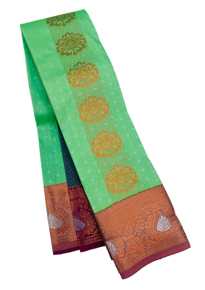 Vegan Silk Saree Apple Green shade with Copper Border