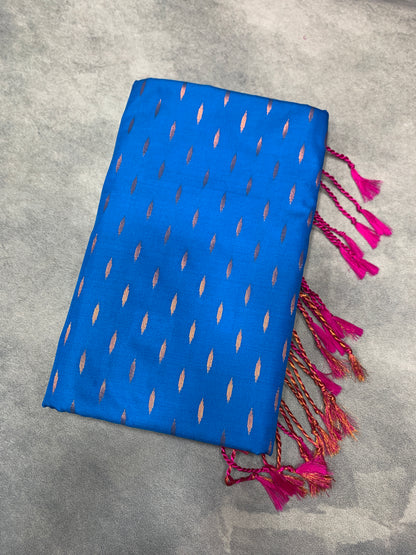 Soft Vegan Silk Saree Sky Blue Colour with Pink and Copper Border