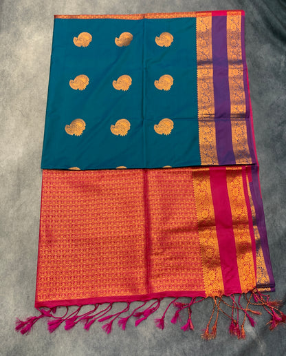 Soft Vegan Silk Saree Peacock Green Colour with Rettai Pettu Border