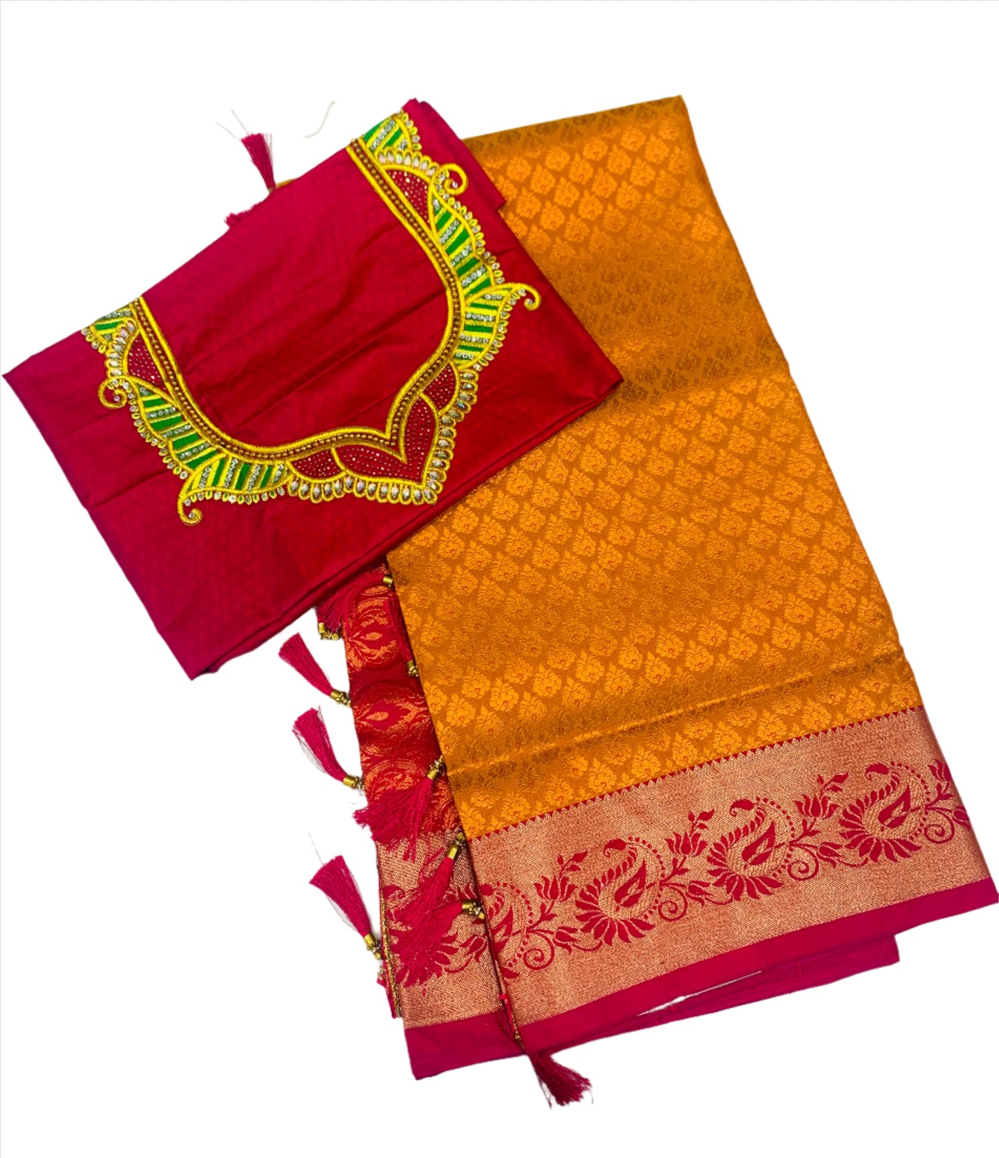 Bridal Vegan Silk Saree Golden Yellow shade with Copper Border with Unstitched blouse in Aari work