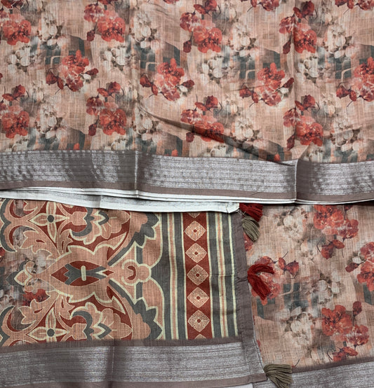 Jute Cotton Saree Brown Colour with Thread Border
