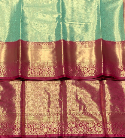 Fancy Tissue Saree Sapphire Colour with Red Colour Floral Design Border