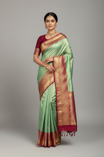 Fancy Tissue Saree Sapphire Colour with Red Colour Floral Design Border