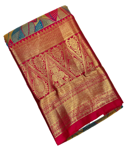 Sky Blue & Pink Leaf Soft Kanchi Tissue Pattu Saree with Pink border