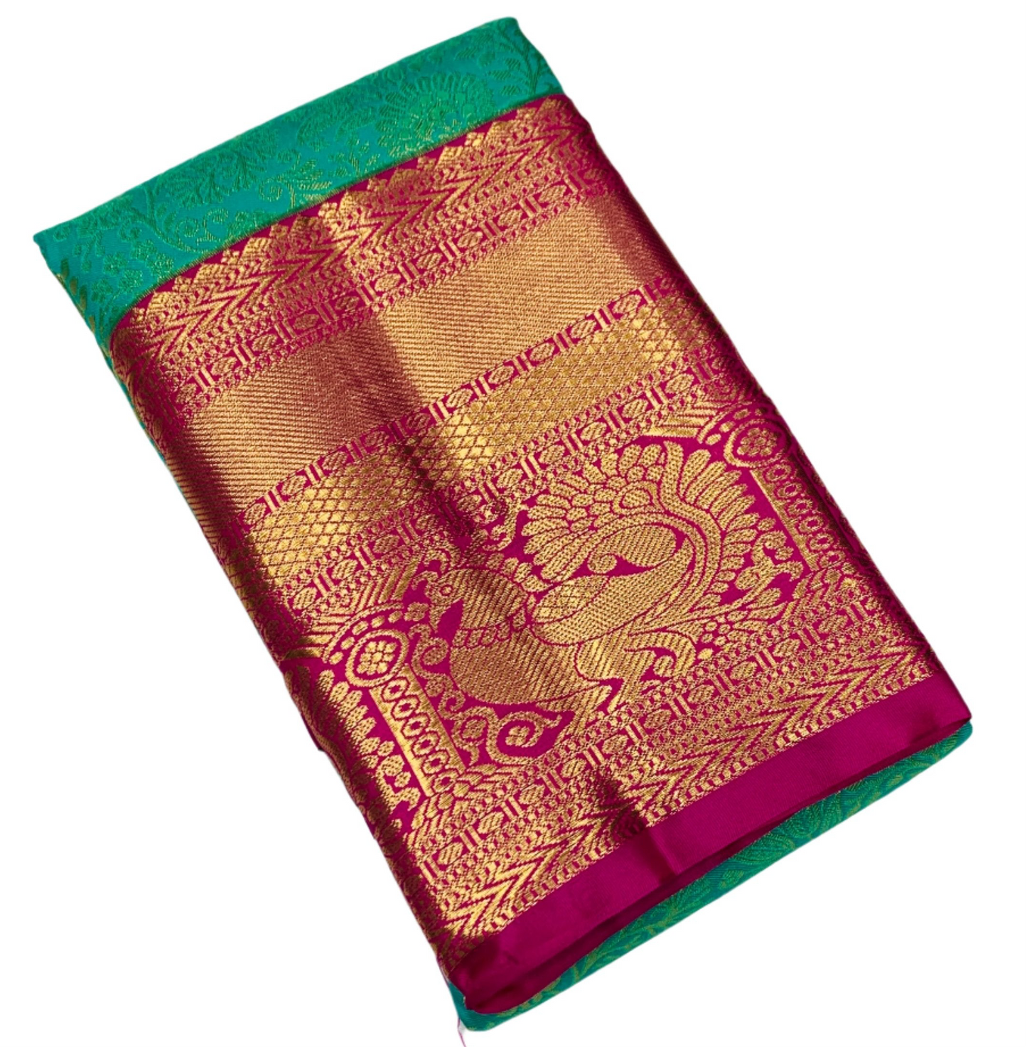 Rama Green Colour Semi Silk Saree with Big Pink Border