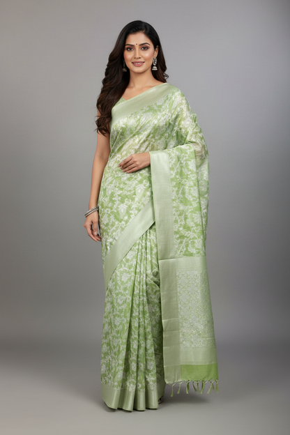 Banaras Katan Saree Light Green Colour with Katan Work Border