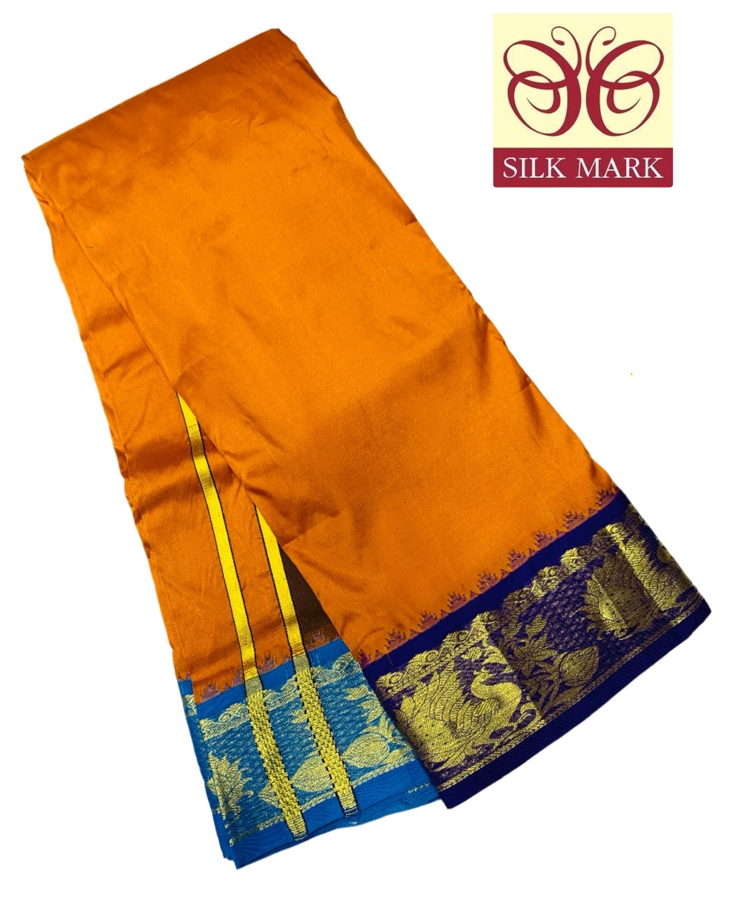 9X5 Pure Silk Dhoti Mango Yellow Colour with Blue and Sky Blue Ganga Jamuna Border