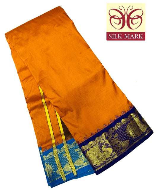 9X5 Pure Silk Dhoti Mango Yellow Colour with Blue and Sky Blue Ganga Jamuna Border