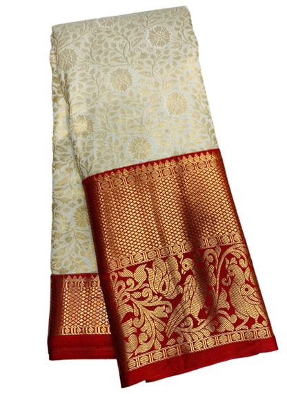 Vegan Silk Saree Ivory Colour with Red Border