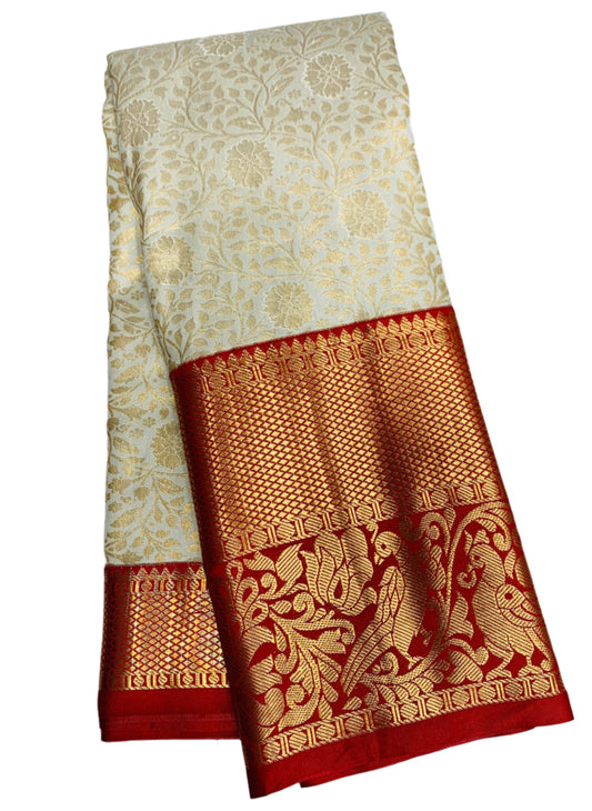 Vegan Silk Saree Ivory Colour with Red Border