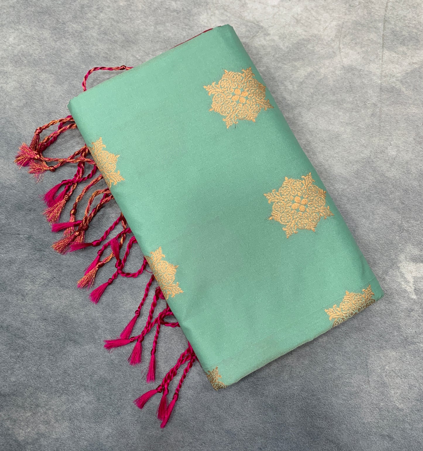 Soft Vegan Silk Saree Mint Green Colour with Pink and Copper Border