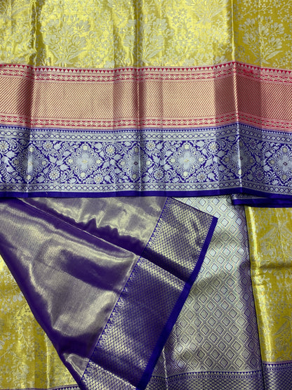 Lime Yellow Colour Soft Kanchi Tissue Pattu Saree with Blue Border