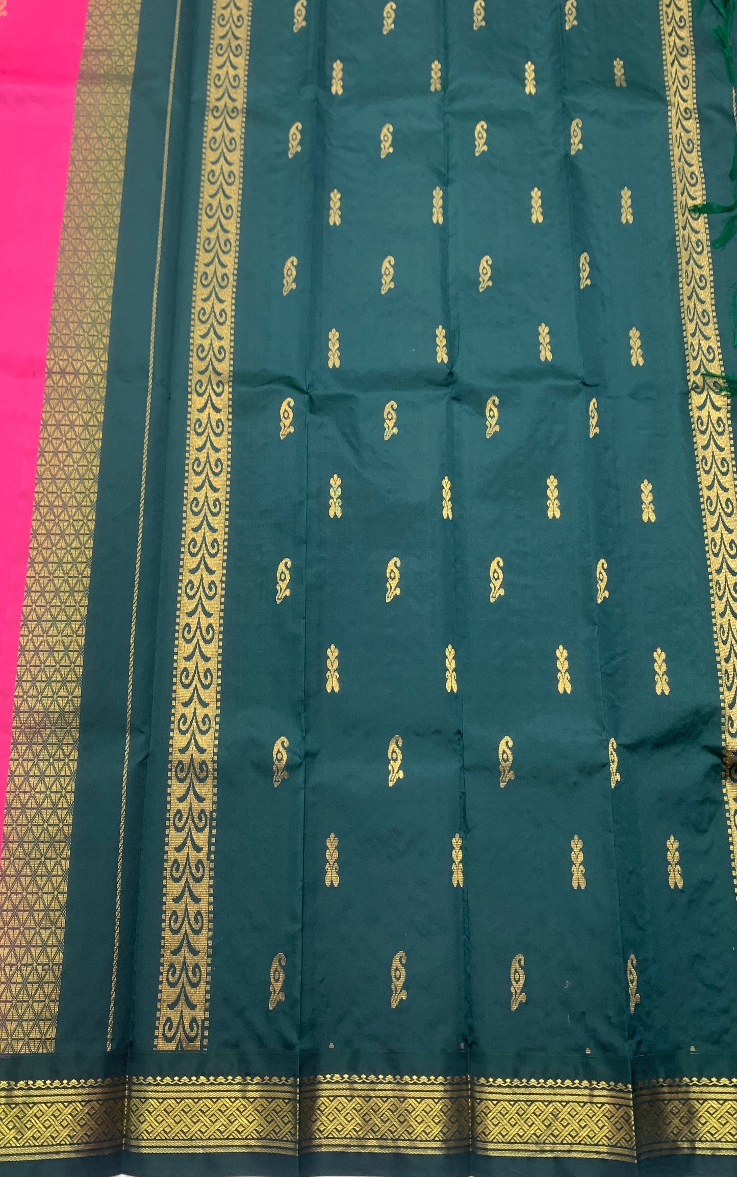 Pure Kanchipuram Silk Saree Pink Colour with Green and Gold Zari Border