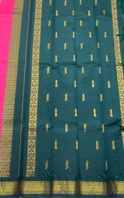 Pure Kanchipuram Silk Saree Pink Colour with Green and Gold Zari Border