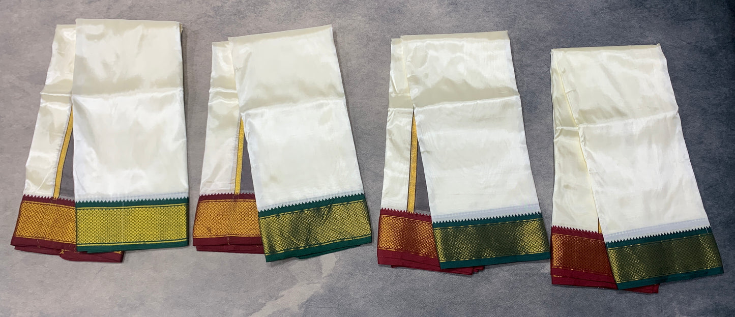 Art Silk Pooja Towel Cream with Small Ganga Jamuna(Green/ Maroon) Border - Pack of 4