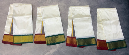Art Silk Pooja Towel Cream with Small Ganga Jamuna(Green/ Maroon) Border - Pack of 4