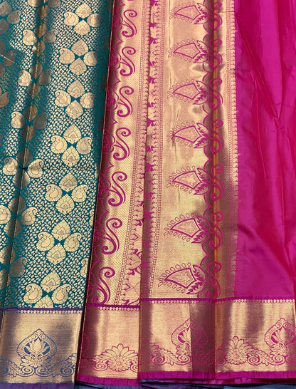 Vegan Silk Saree Green Colour with Pink and Copper Border