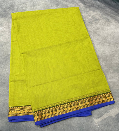 Chettinad Cotton Saree Lime Green Colour with Blue Colour with Thread Work Border