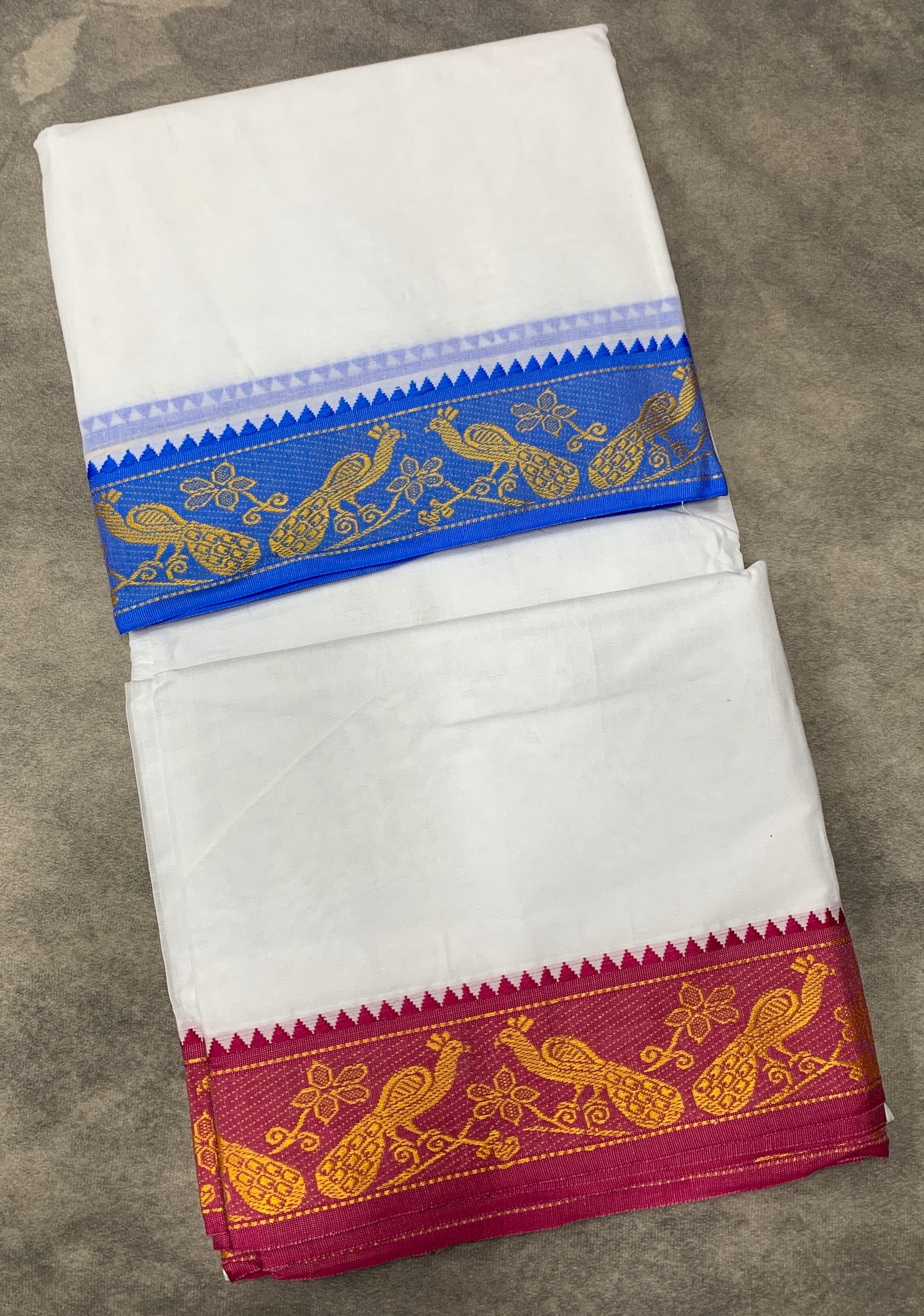 9X6 Cotton Dhoti White Colour with Blue and Pink Border with Angavastram
