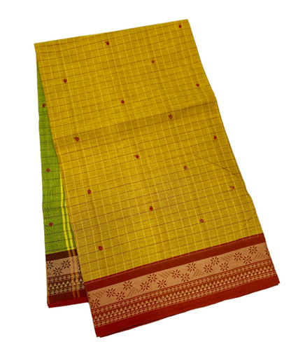 Chettinad Cotton Saree Golden Yellow Shade with Brown Border