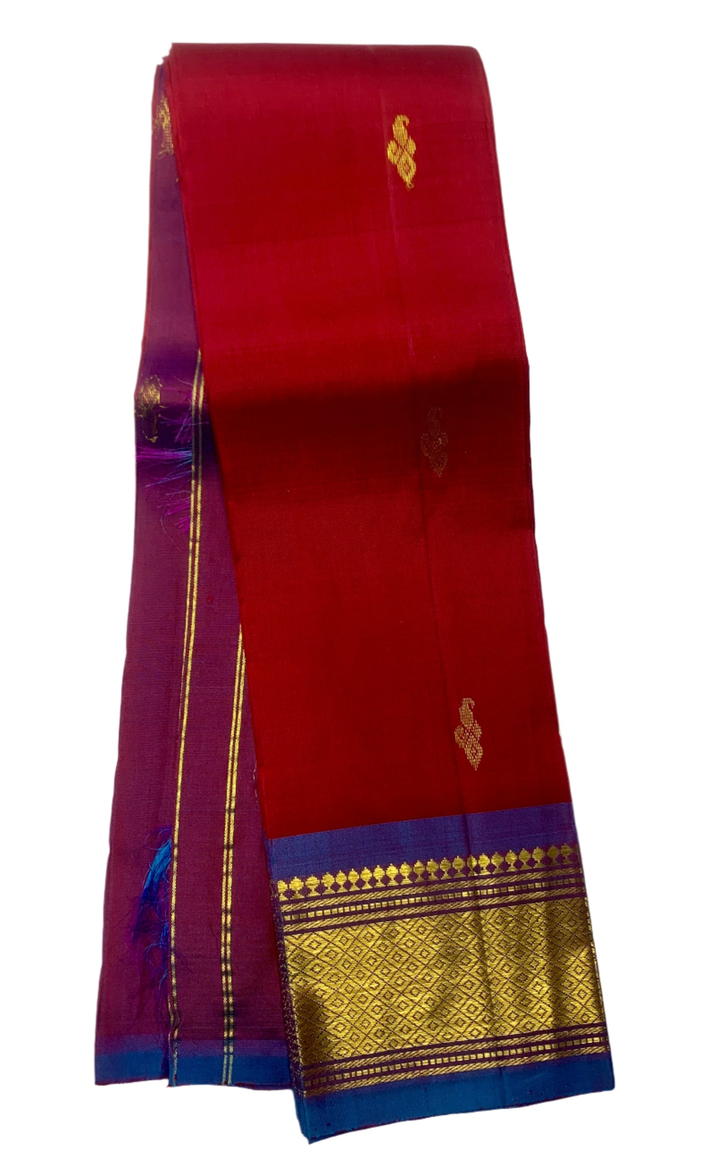 Pure Kanchipuram Silk Saree Maroon Colour with Blue and Gold Zari Border