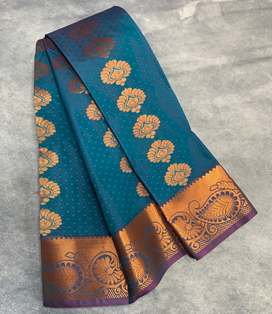 Vegan Silk Saree Blue Colour Saree with Copper Border